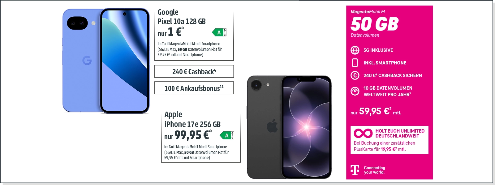 Telekom MagentaMobil M: Google Pixel 10a und iPhone 17e mit 50 GB 5G